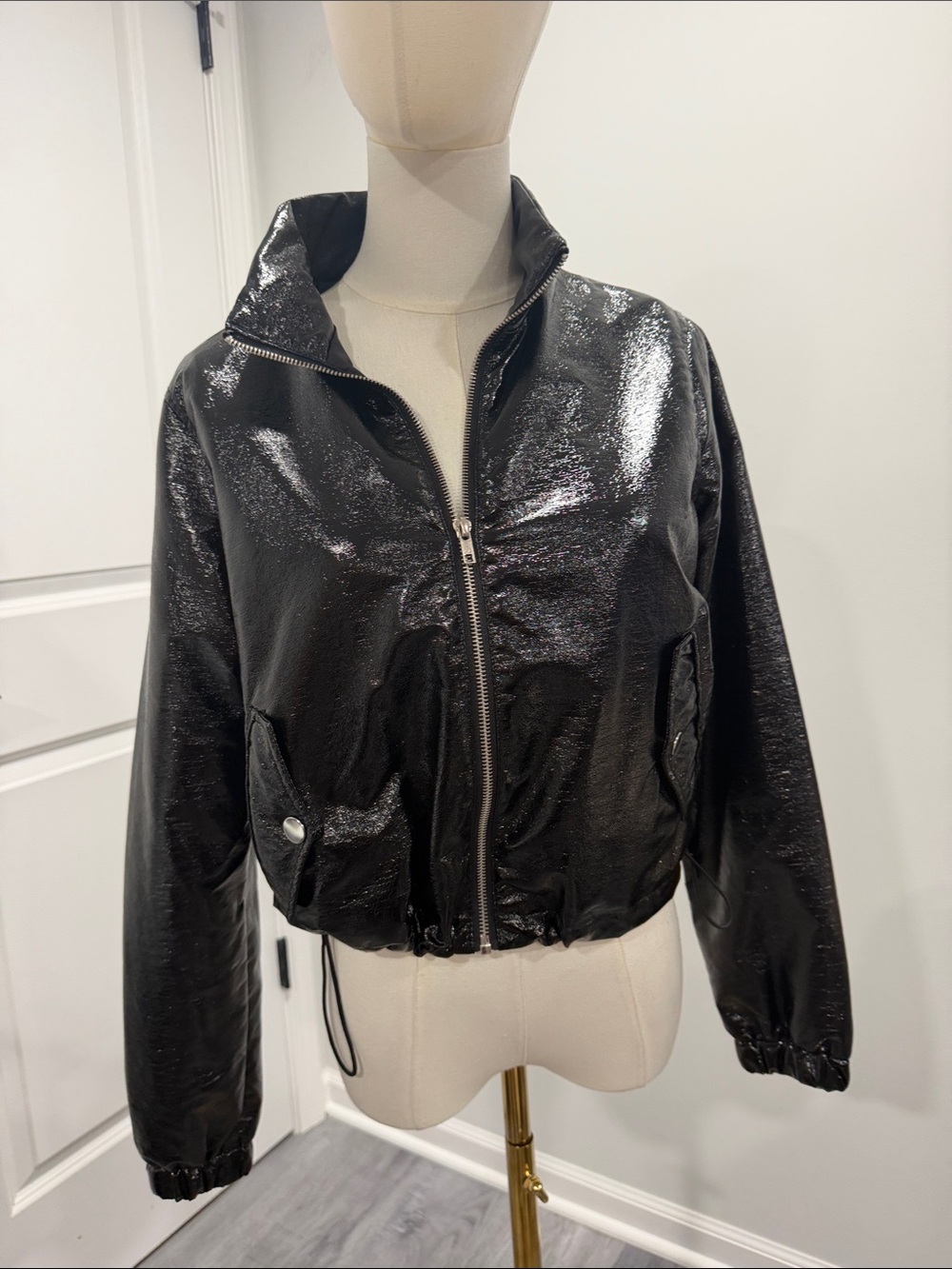 Spoonjeans Shiny Black Zip-Front Bomber Jacket. Small stuffing as shown on back